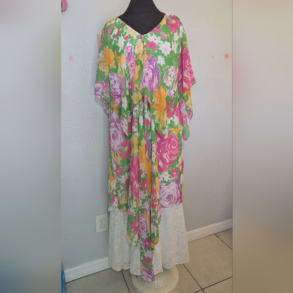 Vintage Vicki Tiel Flowy Floral Chiffon Maxi Dress